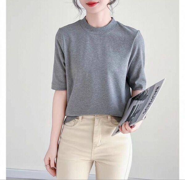 無地 良品 良質 半袖Tシャツ 五分丈 カットソー シンプル インナー トップス ゆったり グレー