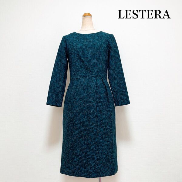 LESTERA レステラ レナウン 膝丈ワンピース 黒 緑 日本製 上品 美シルエット