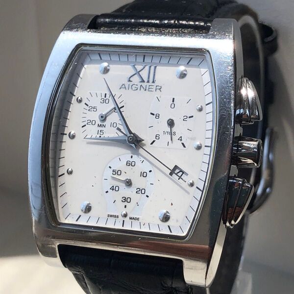 AIGNER アイグナー クロノグラフ レザーベルト ブラック 電池新品 腕時計