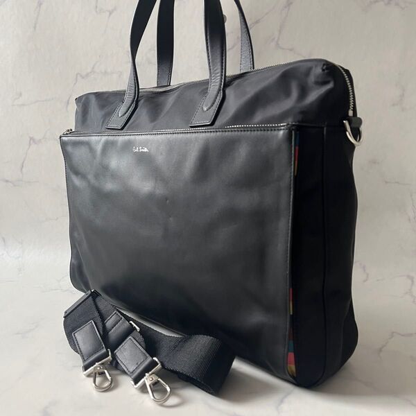 【美品】Paul Smith ポールスミス マルチストライプ 2way ビジネスバッグ ショルダーバッグ ナイロン レザー 黒