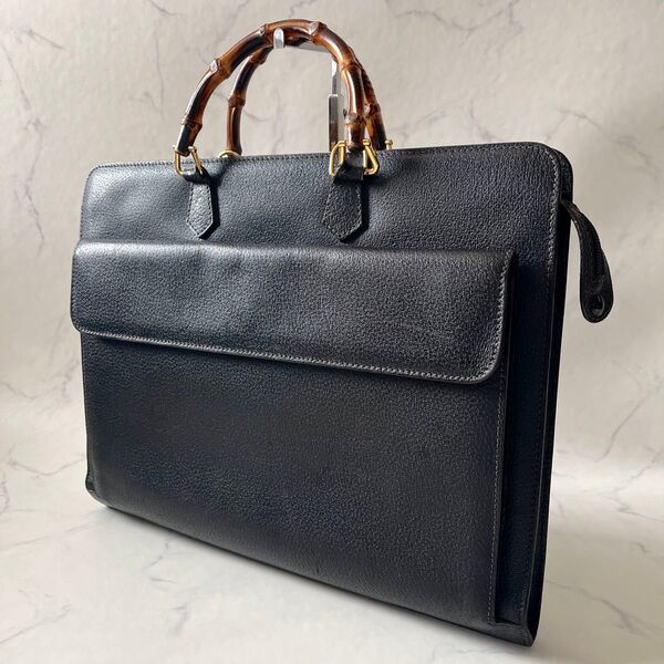 GUCCI グッチ バンブー ビジネスバッグ ブリーフケース オールレザー シボ革 A4収納可 ブラック 黒