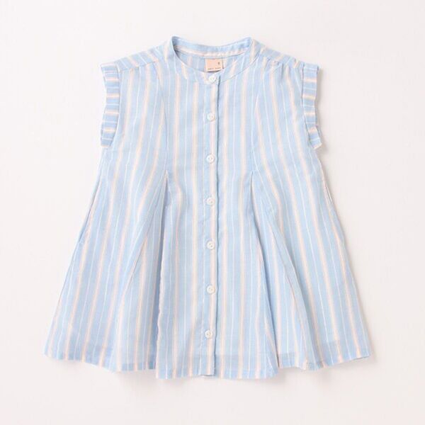 【新品】petitmainプティマイン【リンク】ストライプワンピース110cmライトブルー半袖春夏女子シルバーラメラインナルミヤ