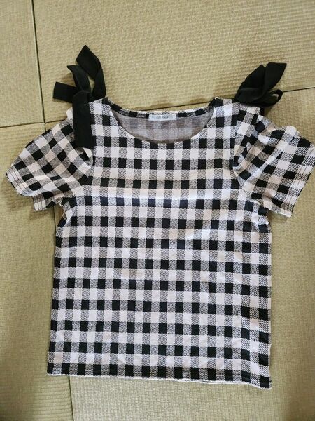 美品 NICE CLAUP 半袖 カットソー Tシャツ チェック リボン
