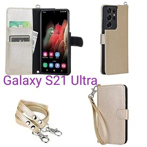 Galaxy S21 Ultra ケース 手帳型 ストラップ 2種付 ゴールド カード収納 手帳型 ギャラクシー