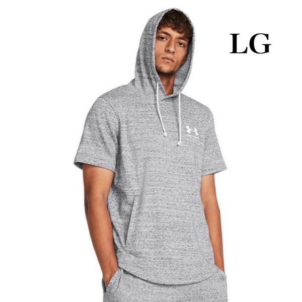 新品 UNDER ARMOUR ライバルテリー ショートスリーブフーディー Lサイズ オニキスホワイト グレー パーカー