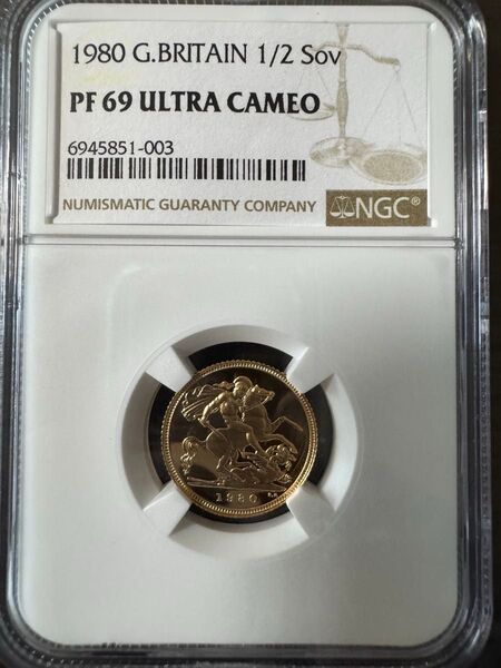 【準最高鑑定・極美品】イギリス 1980年 1/2ポンド 金貨 ヤングエリザベス NGC鑑定 PF 69 Ultra Cameo