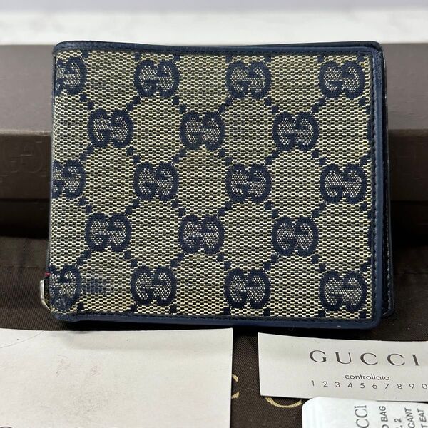 新品同様! グッチ GUCCI 財布 二つ折り 折り財布 GGキャンバス シェリーライン