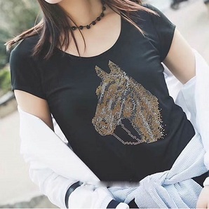 乗馬レッスンの行き帰りに　キラキラ　ホース　ラインストーン　ブラック　Tシャツ　Mサイズ　乗馬　馬術