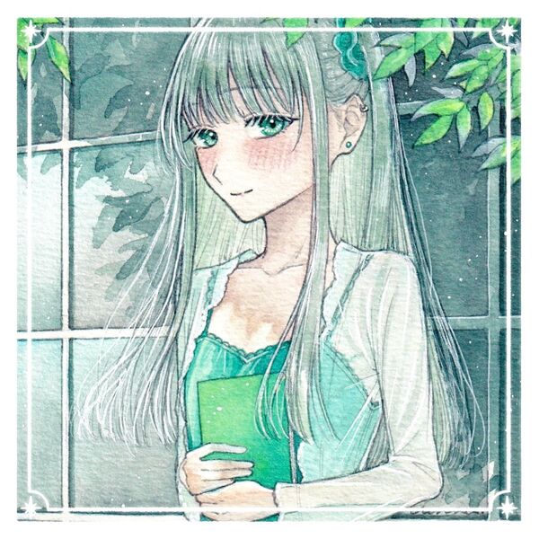 【早起きな彼女】 手描きイラスト オリジナル 創作 原画 青 緑 植物 女の子 花