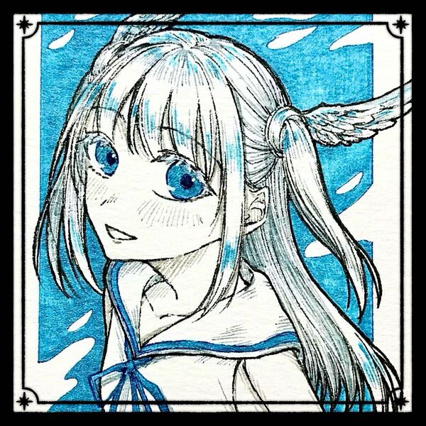 【-azur-】 手描きイラスト オリジナル 原画 ATCサイズ 創作 青 ドローイング 天使 女の子