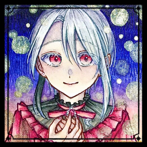 【額付き】-corail- 手描きイラスト オリジナル 創作 原画 赤 天使 夜