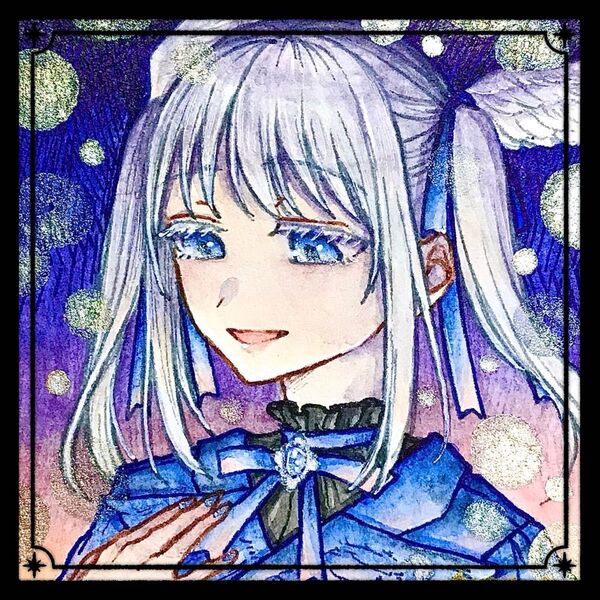 【額付き】-azur- 手描きイラスト オリジナル 原画 創作 天使 青 夜 女の子