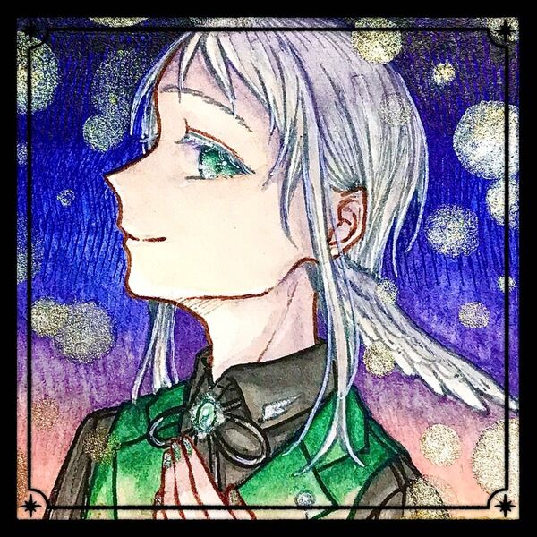 【額付き】-vert- 手描きイラスト オリジナル 創作 原画 緑 天使 夜