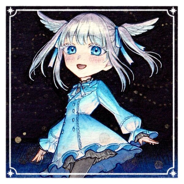 【-azur-】 手描きイラスト オリジナル 創作 原画 デフォルメ 天使 夜 青 女の子