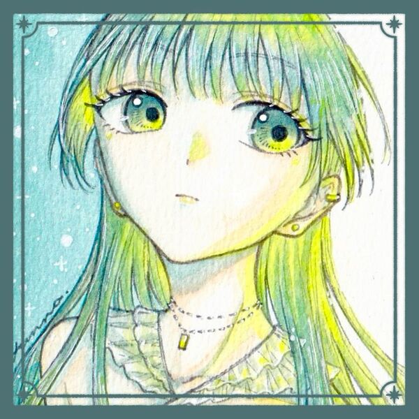 『jaune』 手描きイラスト オリジナル 創作 原画 ATCサイズ 緑 青 黄色 女の子 水彩