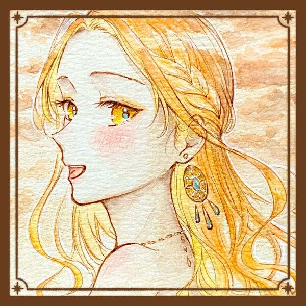 【-Venus-】手描きイラスト オリジナル 創作 原画 ATCサイズ 女の子 水彩 橙