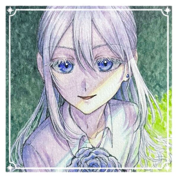 『白藤 紫』 手描きイラスト オリジナル 原画 ATCサイズ 創作 水彩 花 青薔薇 紫