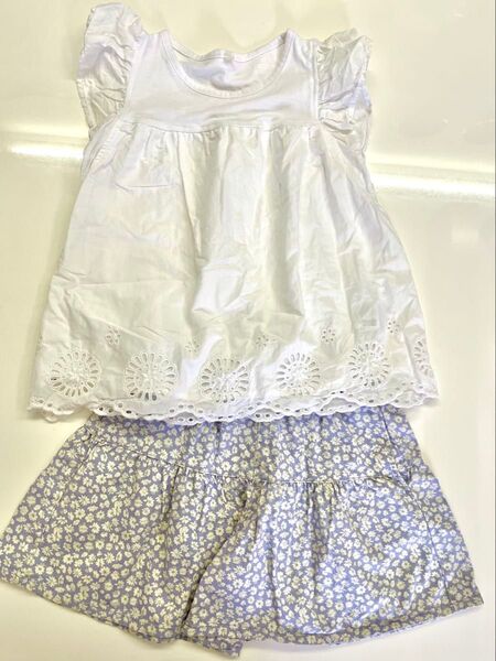 140cm 白レーストップス 花柄キュロット セットアップ 女の子 チュニック キッズ 子供服 トップス
