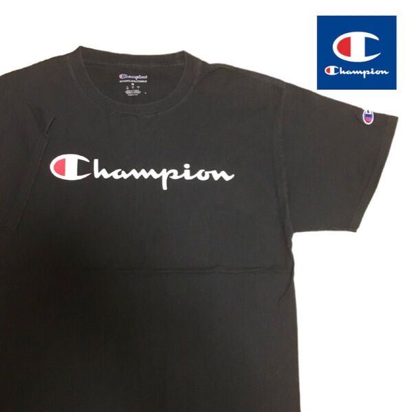 チャンピオン champion Tシャツ 半袖 刺繍ロゴ 黒 ビンテージ M L 古着 ワンポイントロゴ