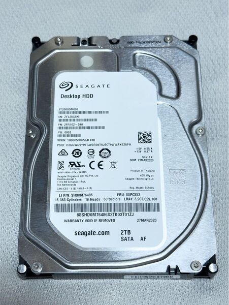 【動作品】Seagate 3.5インチ HDD ST2000DM008 2TB 稼働短め(3,937時間)
