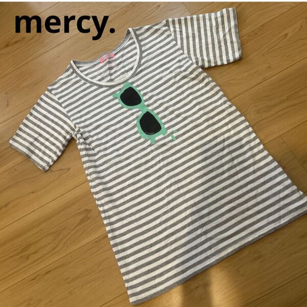 レディース グレー ボーダー ピンク サングラス 半袖 Tシャツ トップス 可愛い オシャレ シンプル マーシー バックプリント