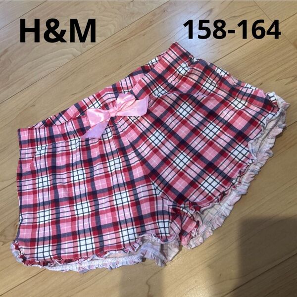 150 160 女の子 レディース チェック フリル リボン ショートパンツ 短パン ズボン ボトムス 部屋着 ルームウェア