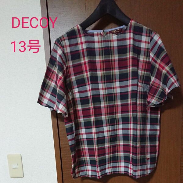 DECOY チェック柄トップス プルオーバー 半袖ブラウスシャツ レッド 13号 袖ゆったり夏用