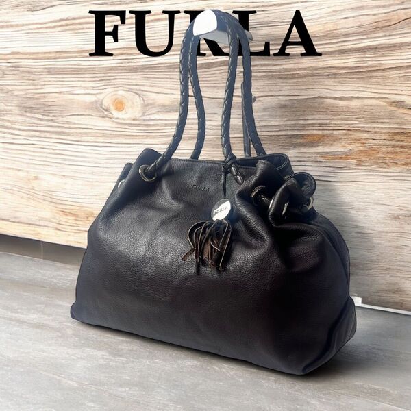 美品 FURLA フルラ トートバッグ 肩掛け 編み込み 本革 オールレザー 濃茶 A4