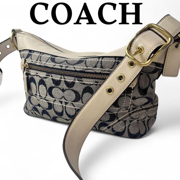 美品 COACH コーチ デニム ショルダーバッグ 斜め掛け y2k 青 クロスボディ シグネチャー キャンバス レザー