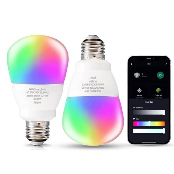 CHIPHY RGB LED電球 七色変換 10段階調光調色 9ワット 1400ルーメン WIFI操作 フロアランプ専用電球2個