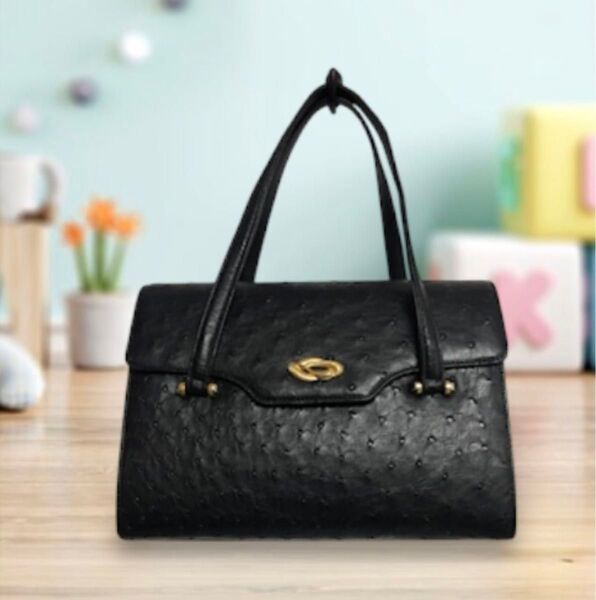 【美品】オーストリッチ ハンドバッグ レザー 黒