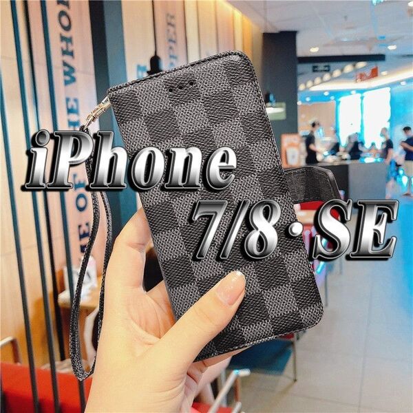 iPhone7/8 SE 手帳型 スマホ カバー チェック柄 グレー ブラック 黒 iPhoneケース