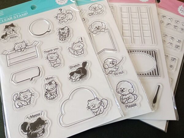 セリア クリアスタンプ わんこ にゃんこタイプ アニマル 2種 グリッド かな文字2種 セット