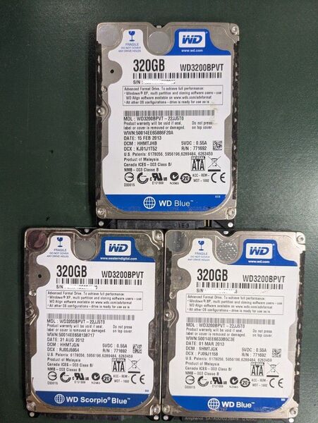 稼動短! 2.5インチ 320GB WD WD3200BPVT 中古 3個セット