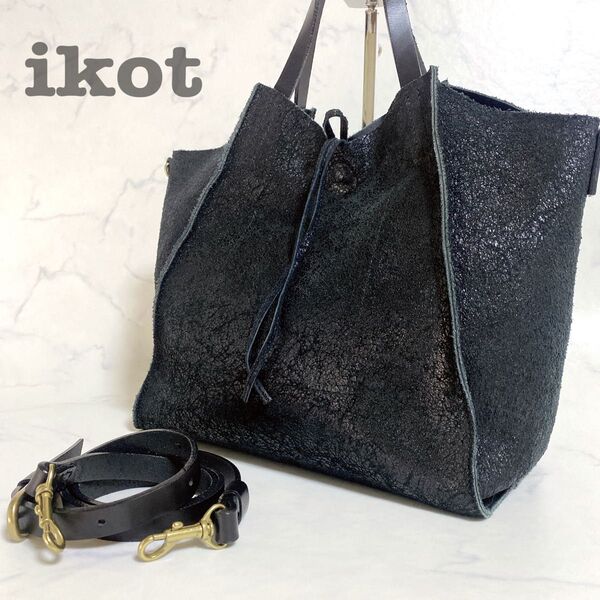 ikot イコット トートバッグ クラッキングレザー 牛革 六角形 2WAY ショルダーバッグ レザー ブラック