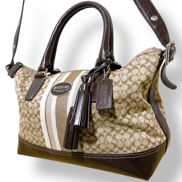 COACH コーチ 2way シグネチャー タッセル チャーム ストライプ ショルダーハンドバッグ ブラウン