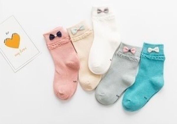 キッズ 靴下 子供ソックス 綿 約16cm~20cm 登園通学 リボン 女の子 5足セット