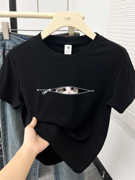 猫ちゃんTシャツ 猫柄半袖 Lサイズ ブッラク