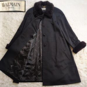 美品 BALMAIN カシミヤ シルク 混合 ファーロングコート 裏地 総柄