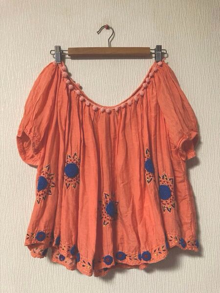 collex シルク混 手刺繍 ポンポンつき ふんわり チュニック エスニック トップス ふわふわ