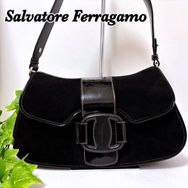 Salvatore Ferragamo フェラガモ ガンチーニ ハンドバッグ パテントスエードレザー 黒 美品