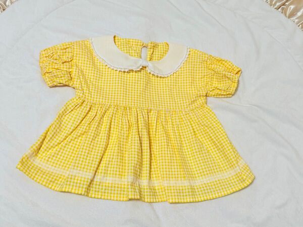 ハンドメイド ワンピース チュニック 女の子 半袖ワンピース イエロー ギンガムチェック 黄色 リボン襟 レース 丸襟 パフ袖