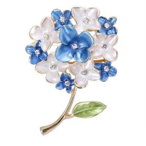 ブローチ あじさいE アジサイ 紫陽花 青と白 エナメルブローチ ジルコニア かわいい 可愛い 上品 清楚 アクセサリーピン