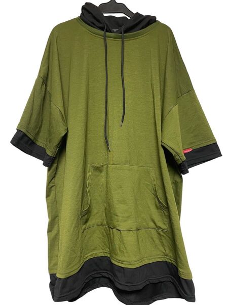 5XL 半袖 パーカー カーキブラック 黒緑 ポケット メンズ大きいサイズ ファッション