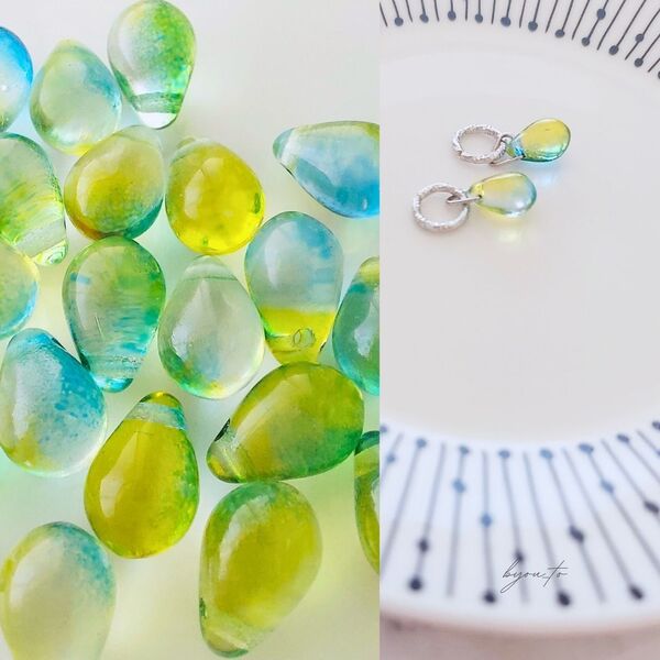 101 チェコ ドロップ イエローブルーグリーン シルバー ピアス イヤリング
