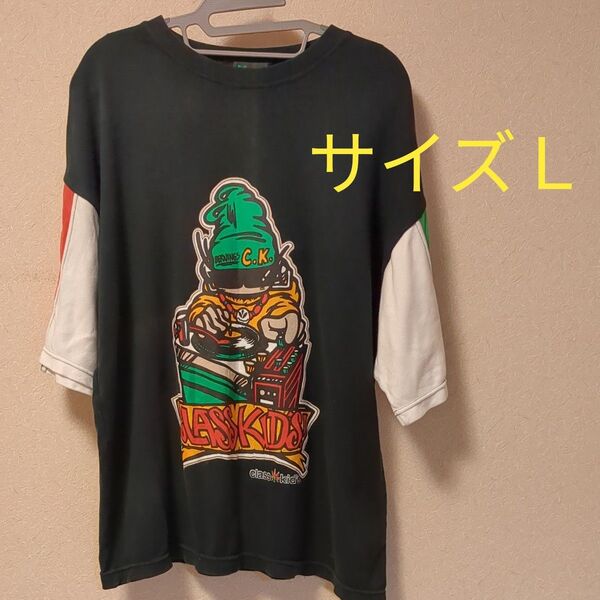 古着 ビンテージ CLASSKID'S 半袖Tシャツ 5分丈Tシャツ サイズL 黒×白×赤×緑