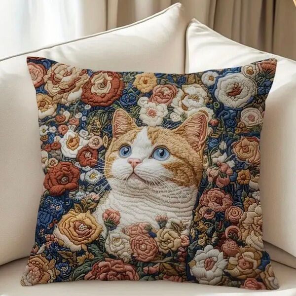 新品 クッションカバー 刺繍風 プリント 猫 ネコ 動物 リアル かわいい