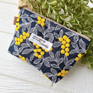 ミモザ 刺繍ポーチ ハンドメイドポーチ