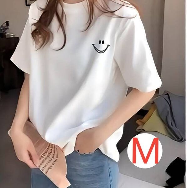 レディース 半袖 Tシャツ 白 かわいい ワンポイント 人気商品 ゆったり シンプル スマイル