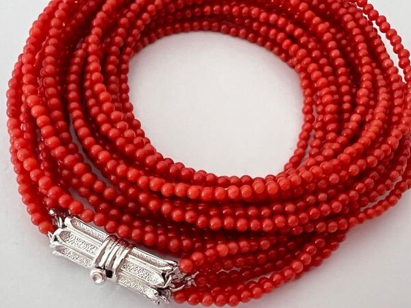 天然本珊瑚 ロングネックレス 5連 サンゴ コーラル 赤珊瑚 留め具SILVER coral necklace jewelry